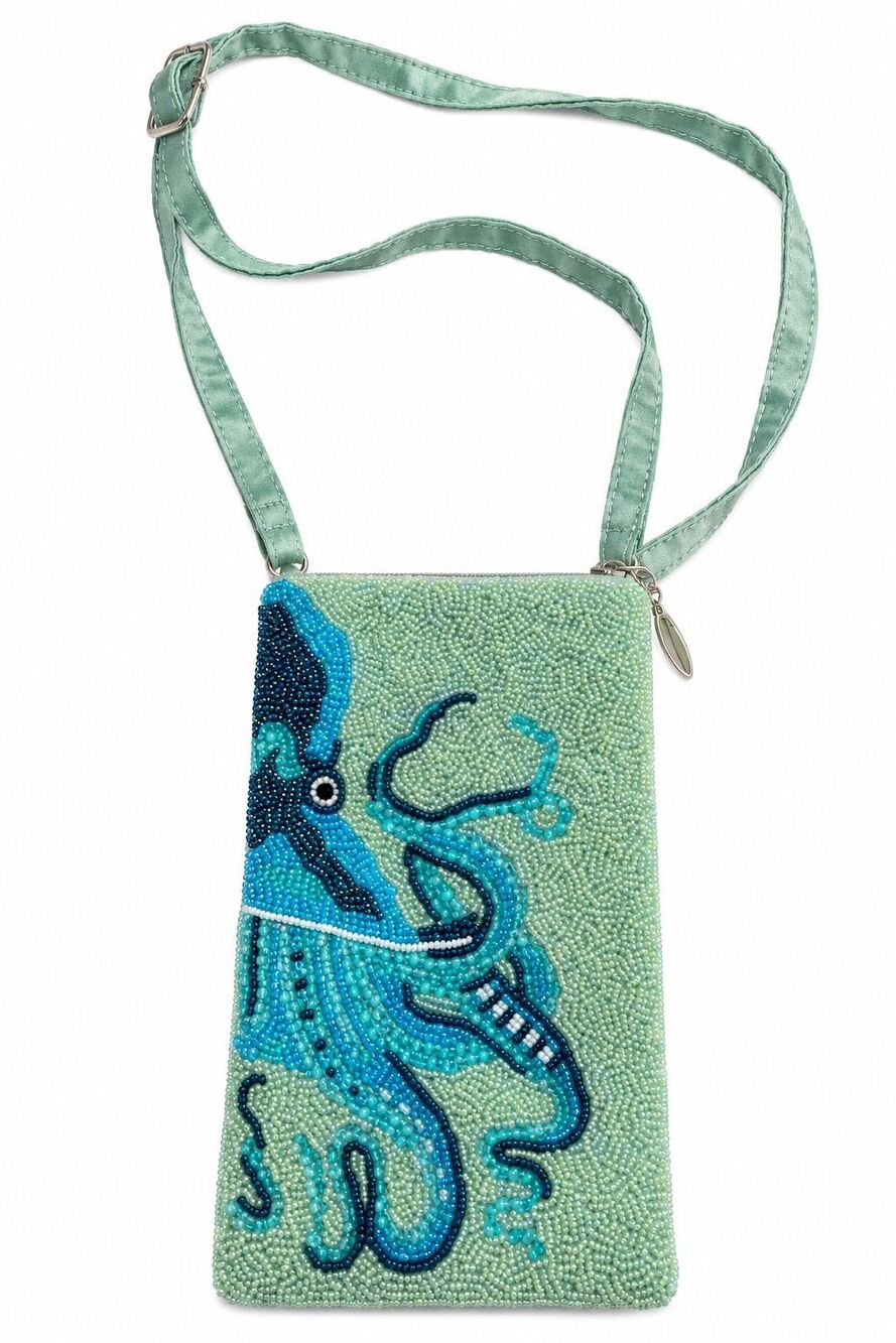 Bamboo Trading Company Beaded Octopus Crossbody Purse Blue Green Ocean Coastal